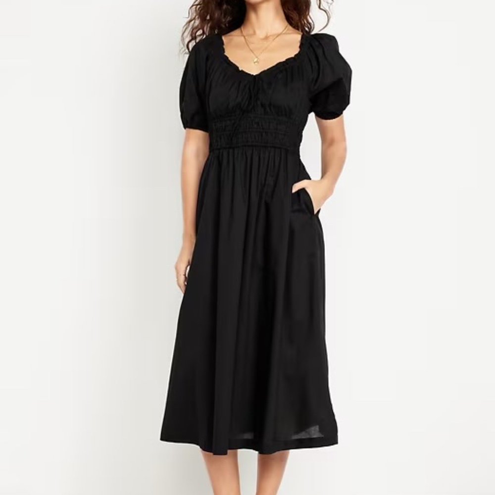 Old Navy Fit & Flare Puff-Sleeve Midi Dress Black Dress sz XS